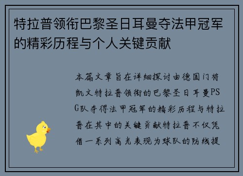 特拉普领衔巴黎圣日耳曼夺法甲冠军的精彩历程与个人关键贡献