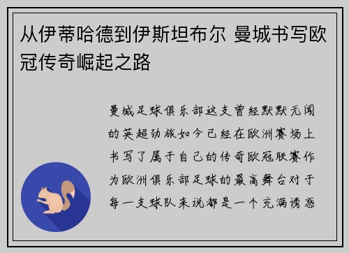 从伊蒂哈德到伊斯坦布尔 曼城书写欧冠传奇崛起之路