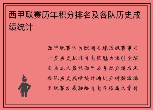 西甲联赛历年积分排名及各队历史成绩统计